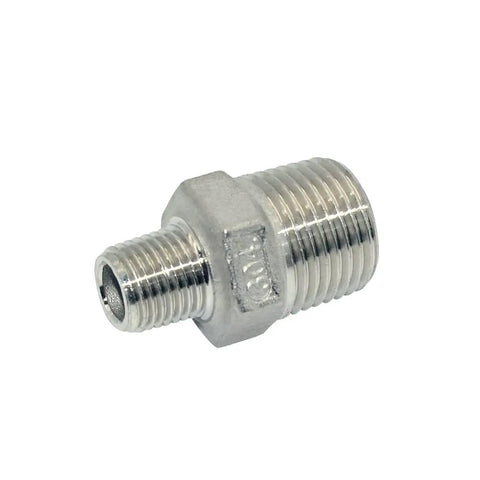 Half Inch To Quarter Inch Stainless Steel NPT Reducing Nipple Fitting Hex Reducer, Male Threads On Both Ends, SS304 Plumbing Adapter For Pipe Size Change, Heavy Duty, 150 PSI At 70 F, Rust And Corrosion Resistant, stainless steel hex reducer
