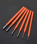 Six Piece Pin Punch Set For Gunsmiths And Mechanics Pro Grade Tough Chrome Vanadium Steel Pins on black background