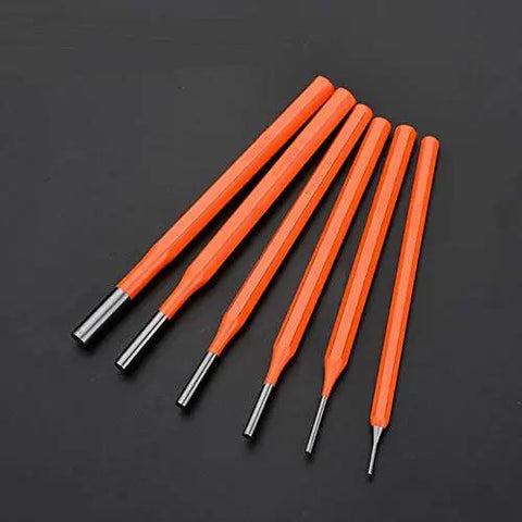 Six Piece Pin Punch Set For Gunsmiths And Mechanics Pro Grade Tough Chrome Vanadium Steel Pins on black background
