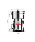 Front view of Beast Mode Heavy Duty 2000g Electric Grain Grinder Mill High Speed Stainless Steel Pulverizer with dimensions shown