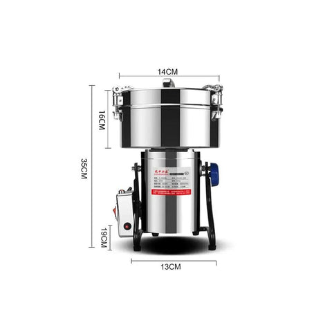 Front view of Beast Mode Heavy Duty 2000g Electric Grain Grinder Mill High Speed Stainless Steel Pulverizer with dimensions shown