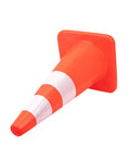 One of the 10 Pack 28 Inch Traffic Cones Plastic PVC Safety Road Cones With Reflective Strips, lying on its side showcasing its structure.