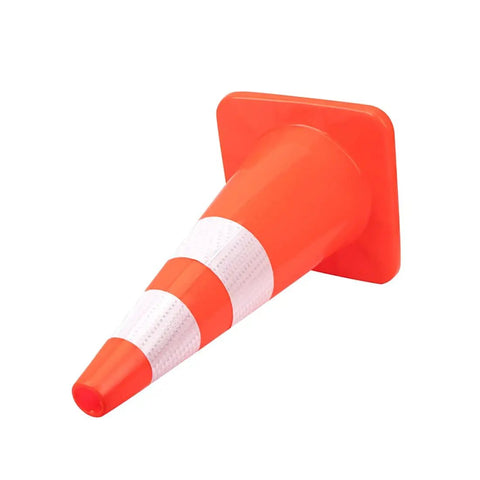 One of the 10 Pack 28 Inch Traffic Cones Plastic PVC Safety Road Cones With Reflective Strips, lying on its side showcasing its structure.