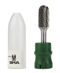 Heavy Duty Pro Grade Double Cut Tungsten Carbide Burr For Die Grinder Rotary Tool Bit With Cylinder Radius End For Metal Contouring And Deburring One Quarter Inch Shank One Half Inch Cut Diameter SC-5 shown next to protective case.