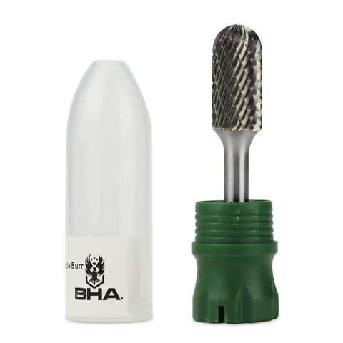 Heavy Duty Pro Grade Double Cut Tungsten Carbide Burr For Die Grinder Rotary Tool Bit With Cylinder Radius End For Metal Contouring And Deburring One Quarter Inch Shank One Half Inch Cut Diameter SC-5 shown next to protective case.