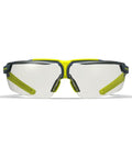 Sick Clear Vision Transition Safety Glasses With Anti Fog Coating And Scratch Resistant Lenses Featuring Adjustable Non Slip Fit For Legit All Day Comfy ANSI Certified Protection front view with clear lenses and yellow accents.
