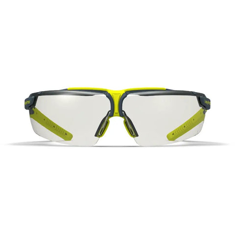 Sick Clear Vision Transition Safety Glasses With Anti Fog Coating And Scratch Resistant Lenses Featuring Adjustable Non Slip Fit For Legit All Day Comfy ANSI Certified Protection front view with clear lenses and yellow accents.
