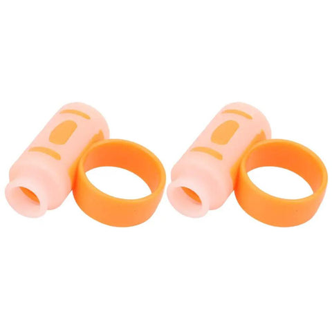 Pro Drumstick Holder Grip Clamp Anti-Slip Rotating Aid For Musicians To Stop Blisters Calluses And Cramps During Jam Sessions, orange silicone rings.