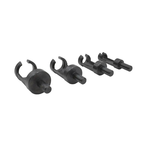 Four Piece Woodworking Plug Cutter Kit For Concealing Screw Holes And Straight Shooting Joinery With Knockout Flush Chamfered Tapered Bits In Quarter To Five Eighth Inch Sizes For Pro Level Carpentry And Furniture Restoration - plugs shown in carbon steel material.