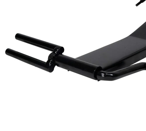 Close-up of black powder-coated steel strap winder for flatbed trailer, showcasing rollers and handles for 2-4 inch straps.