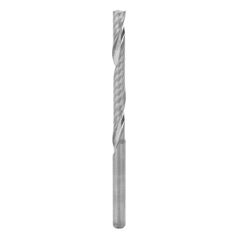 CNC end mill, side view; silver tungsten steel single-flute spiral cutter, 3.175x3.175x32x55mm