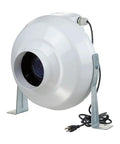 Centrifugal Inline Duct Fan VK 100 4 Inch Plastic Casing Up To 162 CFM, mounted with brackets, power cord visible