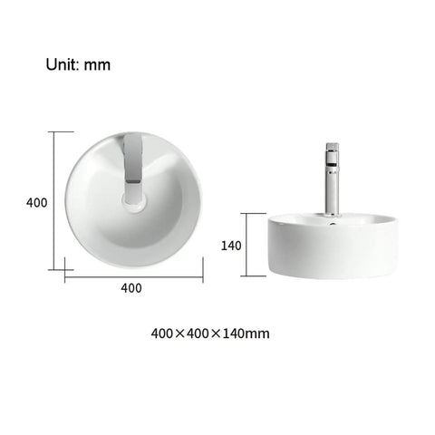 Straight Fire 15.7 Inch Diameter Round Ceramic Bathroom Vessel Sink With Integrated Faucet For Above Counter Installation And Quick Room Glow Up In Crisp White Finish dimensions shown from top and side views