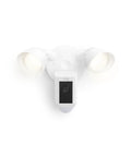 Ring Floodlight Cam Wired Plus front view, white outdoor security camera with dual floodlights.