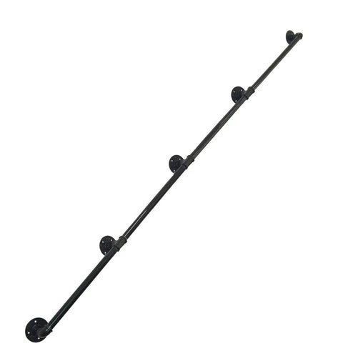Solid As A Rock 16 Foot Black Industrial Pipe Handrail Wall Mounted Railing For Indoor Stairs, featuring strong fittings and vintage style.