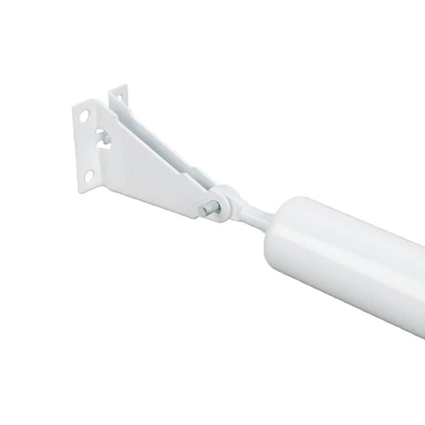 Close-up of rugged pneumatic screen door closer for RVs trailers vans and mobile homes, aluminum alloy build with soft close buffer.