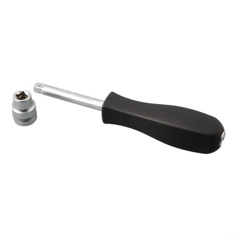 29 Piece Ratchet Socket Wrench Set Made From Heat Treated Chrome Vanadium Steel With Metric Sockets Driver Bits Extensions And Dual Direction Handle Perfect For Auto Repair Or Furniture Assembly A Hardcore Workshop Tool That Works Like A Charm - close up of ratchet handle with a socket