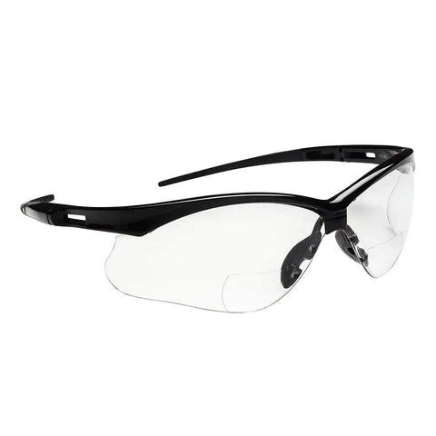 Hella Comfortable Bifocal Safety Glasses With 2.5 Magnification For Men And Women, Kickass Anti Scratch Hard Coat Lenses, High Impact Ansi Z87 Plus Snug Flex Frames, Sweet Deal Pack Of Twelve. Black frame with clear lenses.