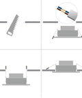 Installation instructions for Silver Adjustable LED Recessed Spotlight showing cutting and connecting steps.