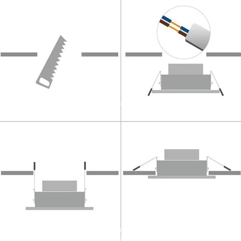 Installation instructions for Silver Adjustable LED Recessed Spotlight showing cutting and connecting steps.