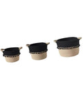 Super Chic Woven Storage Baskets Set Of Three Soft Cotton Rope And Straw Organizer Containers With Durable Handles And Tassel Details in beige and black.