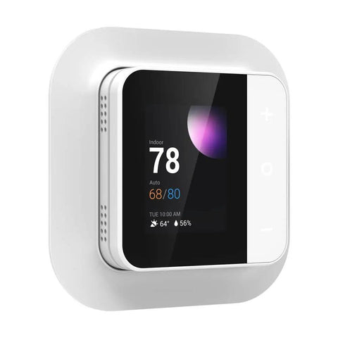 4 Inch Full Touch Screen Smart WiFi Thermostat TJ-560 With App Control Energy Saving Easy Install Compatible With Alexa And Google Assistant Plays Nice With Most HVAC Systems 2H 2C Heat Pump Gas Electric White, on wall showing temperature display.
