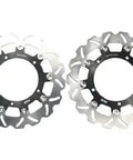 Slick Dual Front Brake Rotor Disc Set For Heavy Duty Sport Motorcycle Racing With Top Notch Stopping Power And Lightweight Aluminum Hub Heat Dissipation Design In Matte Black, showing left and right rotors.