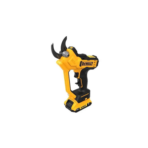 Yellow 20V Max Cordless Pruner with 1-1/2 Inch Cut, Quick Blade Changes, Nonstick Blades, Onboard LED Work Light, compact design.