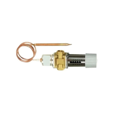 Built Tough One Half Inch Thermostatic Water Valve For Hvac Knockout Temperature Control Plug And Play Coolant Regulator No Sweat, shown from side angle with copper sensing element.