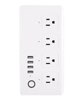 Rock Solid Wifi Smart Power Strip With Four Quick Charge Usb Ports And Voice Control Built Tough For Home And Office Plug And Play Energy Saving Compact Surge Protector, 3 outlets and 4 USB ports on a white panel.