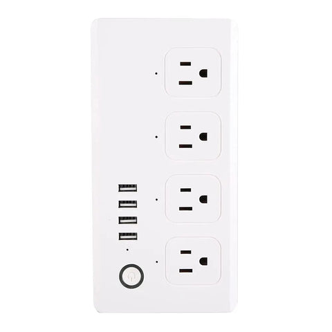 Rock Solid Wifi Smart Power Strip With Four Quick Charge Usb Ports And Voice Control Built Tough For Home And Office Plug And Play Energy Saving Compact Surge Protector, 3 outlets and 4 USB ports on a white panel.