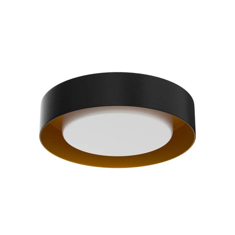 Black And Gold Flush Mount Ceiling Light With Glass Drum Shade Sixteen Point Five Inch Sleek Modern Round Fixture