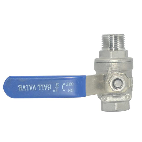 Side view of 1/2 in full-port ball valve with blue lever handle, S304 stainless steel body.