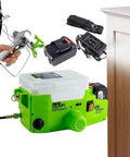 Rock Solid Cordless Airless Paint Sprayer With Easy Peasy Setup And Top Shelf Flow For Indoors And Exterior Walls Features 500W Brushless Motor And Slick One Point Seven Liter Tank In Vibrant Green shown with accessories.