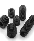 80 Pcs M5 0.8 By 8mm Black Cup Point Socket Set Screws, headless grub bolts in various views showcasing hex drive steel for DIY repairs.