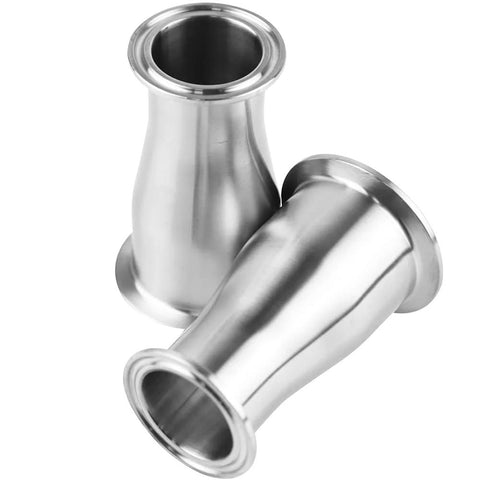Two stainless steel sanitary reducer tri-clamp ferrules, 2 in to 1-1/2 in tube OD.