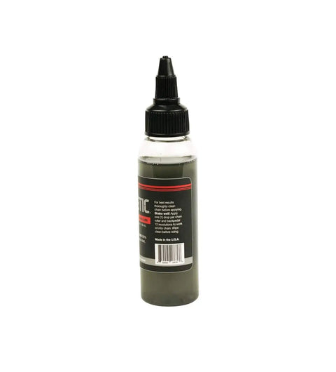 Side view of a Synergetic Bike Chain Lube Wet Lube 2oz Bottle With Premium Synthetic Oil And ZDDP WS2 Blend for cycling performance.