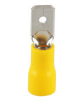 1/4 Inch Yellow Vinyl Insulated Quick Disconnect Spade Wire Connectors For 12-10 AWG Cables, 6.3mm Crimp Terminals, in close-up view