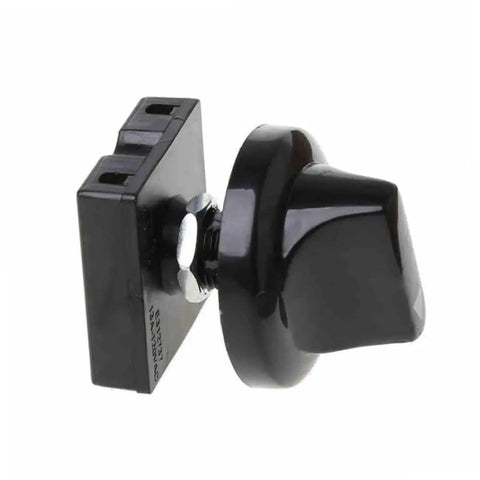 Side view of black 4-position rotary switch with knob for three-speed fan control built for heavy duty ventilation systems and industrial machinery