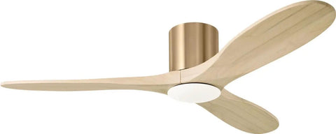 Slick Fifty Two Inch Hugger Ceiling Fan In Burnished Brass With Three Washed White Oak Blades, low profile design.