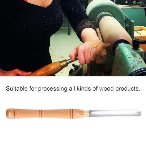 Woodturning chisel with wooden handle and steel blade; side view of tool in use on a wood lathe