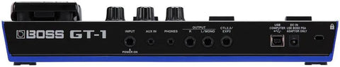 Rear panel of GT1 Compact Guitar Effects Processor with input, output, USB, and control connections, durable and lightweight design.