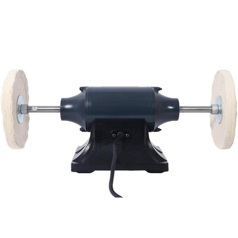 Front view of Heavy Duty Benchtop Buffer Polisher with 370W power and 3450 RPM, featuring dual buffing wheels and cast iron base for stability.