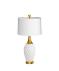 Ceramic Table Lamp With USB Port And Touch Control, 3 Way Dimmable Bedside Lamp, Wave Geometric Design, White Shade And Gold Base