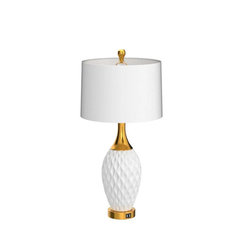 Ceramic Table Lamp With USB Port And Touch Control, 3 Way Dimmable Bedside Lamp, Wave Geometric Design, White Shade And Gold Base