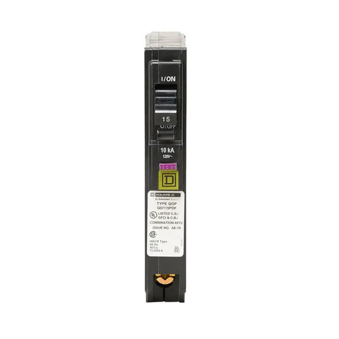 Front view of QO 15 Amp Plug In Mount Single Pole CAFCI And GFCI Dual Function Circuit Breaker with neutral plug