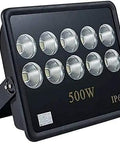 Super Tough 500W Led Flood Light IP66 Waterproof Outdoor Security And Work Light Built Like A Tank Hella Bright Killer Glow For Job Sites Yards And Warehouses with ten reflective bulbs.