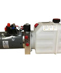 Side view of Ram Premium Double Acting Hydraulic Pump For Dump Trailers And Tilt Decks 3200 Psi Extension 1500 Psi Retraction 12V DC Motor 4 Quart Reservoir Remote Included Heavy Duty Power Unit For RV Marine Trailers.