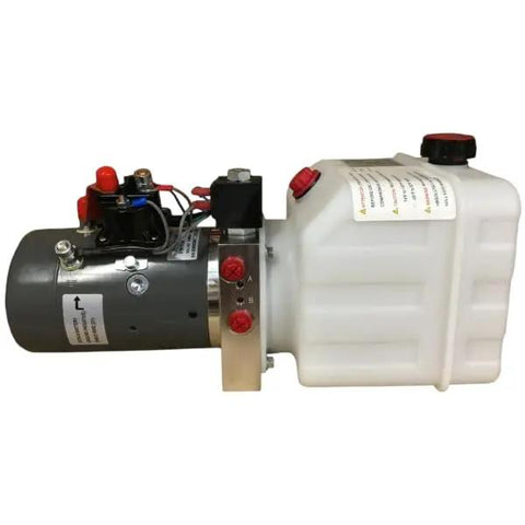 Side view of Ram Premium Double Acting Hydraulic Pump For Dump Trailers And Tilt Decks 3200 Psi Extension 1500 Psi Retraction 12V DC Motor 4 Quart Reservoir Remote Included Heavy Duty Power Unit For RV Marine Trailers.