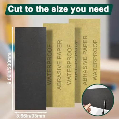24 Piece Sandpaper Set With 12 Grits From 120 To 3000 Wet Dry Silicon Carbide Sheets showing close-up of sheet dimensions and cut line